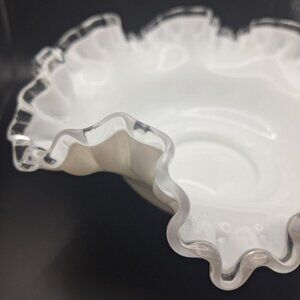 Fenton Silver Crest Ruffle Bowl White Milk Glass Clear‎ Edge 10 Inch Unmarked